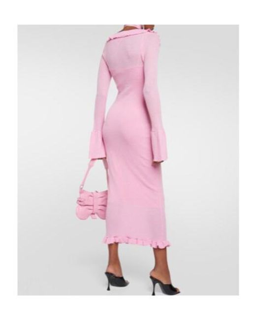 Blumarine Pink Ruffled Wool Midi Dress