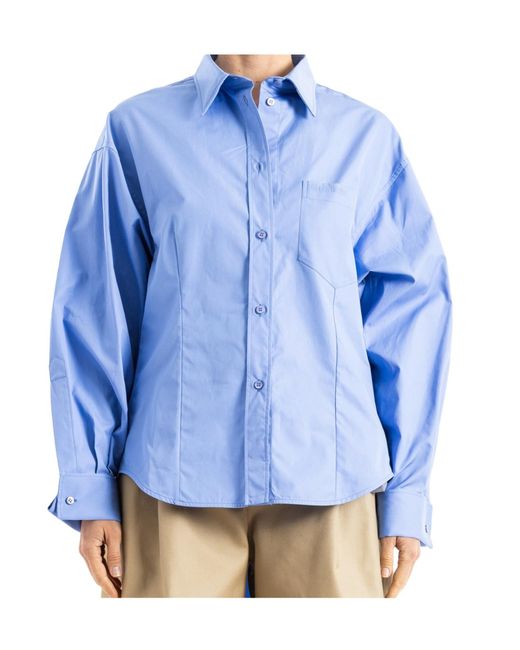 Balenciaga Blue Logo-Embroidered Curved-Hem Shirt