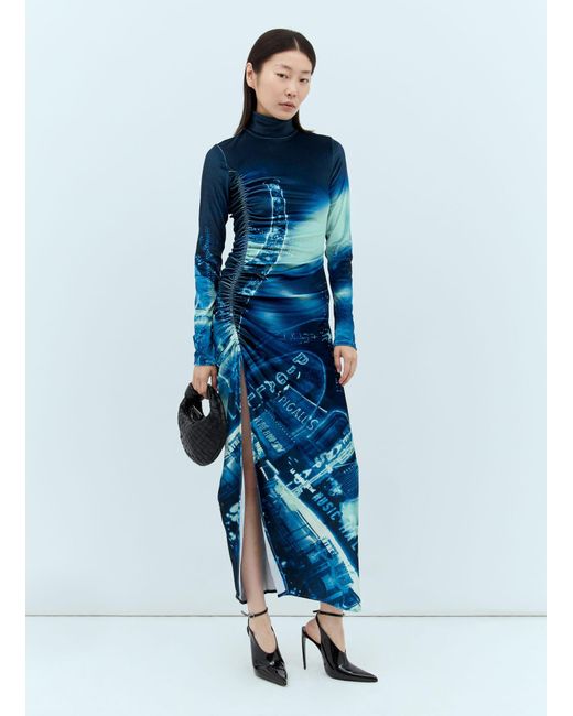 Jean Paul Gaultier Blue Pigalle Printed Gathered Velvet Dress