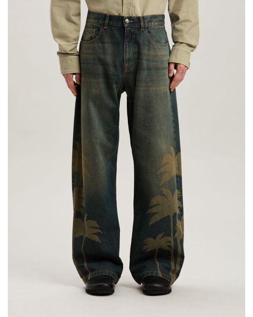 Palm Angels Green Laser Palm Wide Leg Jeans for men