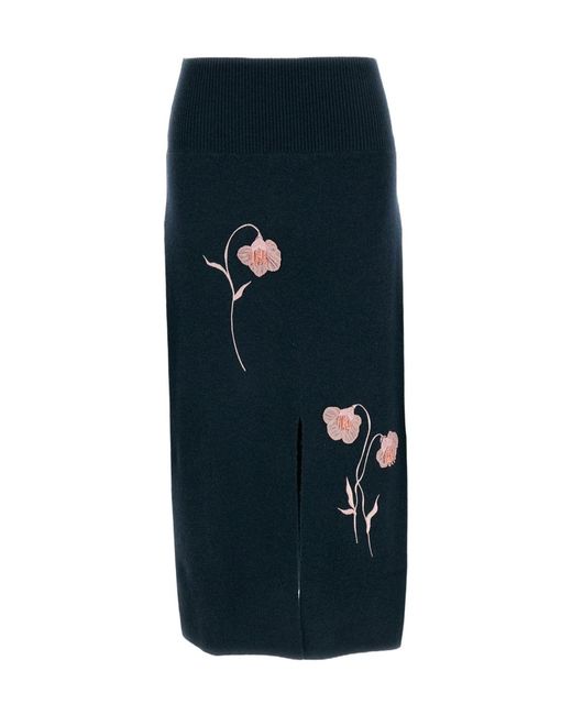 Erdem Blue Flower-Embroidered Skirt