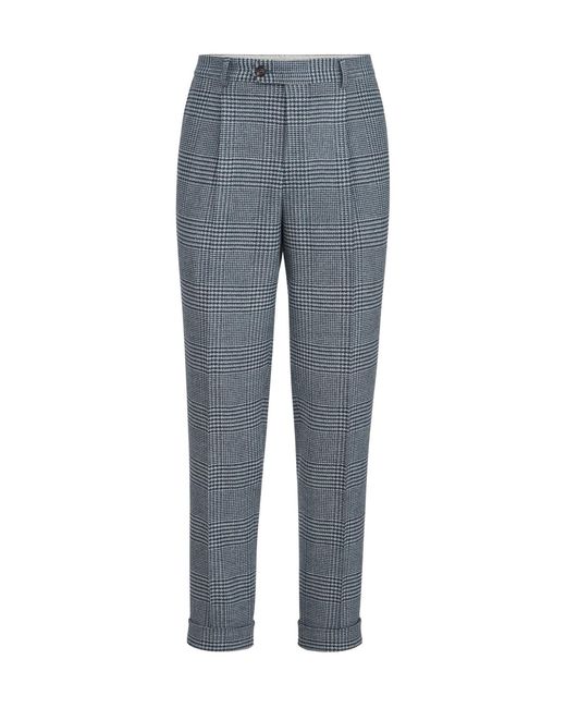 Brunello Cucinelli Blue Comfort Wool And Cashmere Prince Of Wales Flannel Trousers With Pleat for men