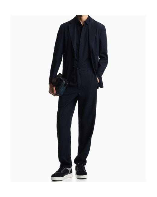 Emporio Armani Blue Seersucker-Texture Straight Leg Trousers for men