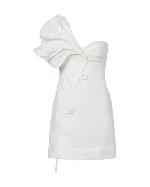 Farm Rio White Floral-Appliqué Linen Minidress