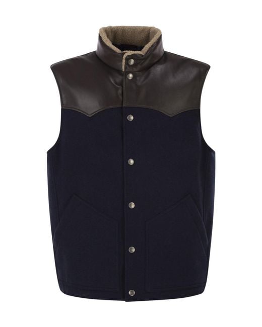 Brunello Cucinelli Blue Shearling-Collar Gilet for men