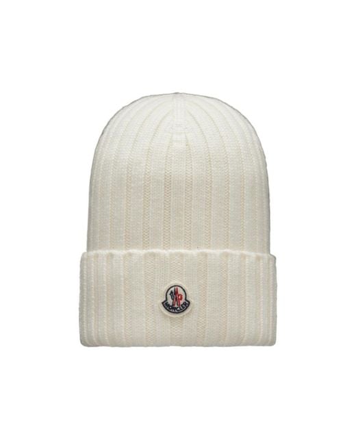 Moncler White Logo Patch Ribbed Beanie