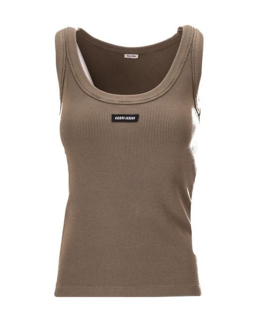 Miu Miu Brown Logo Patch Ribbed-Knit Tank Top