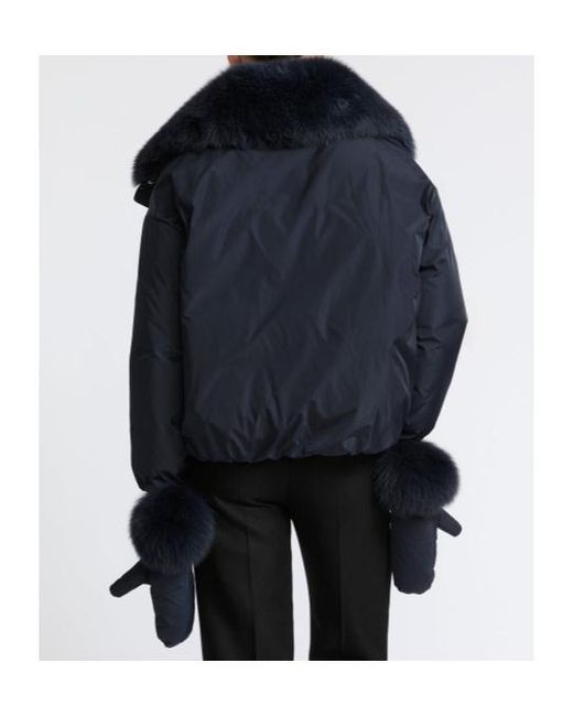 Yves Salomon Blue Short Technical Fabric Down Jacket With Detachable Fox Fur Collar