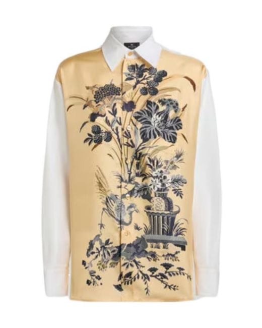 Etro Metallic Cotton And Silk Shirt With Placed Floral Print On The Front