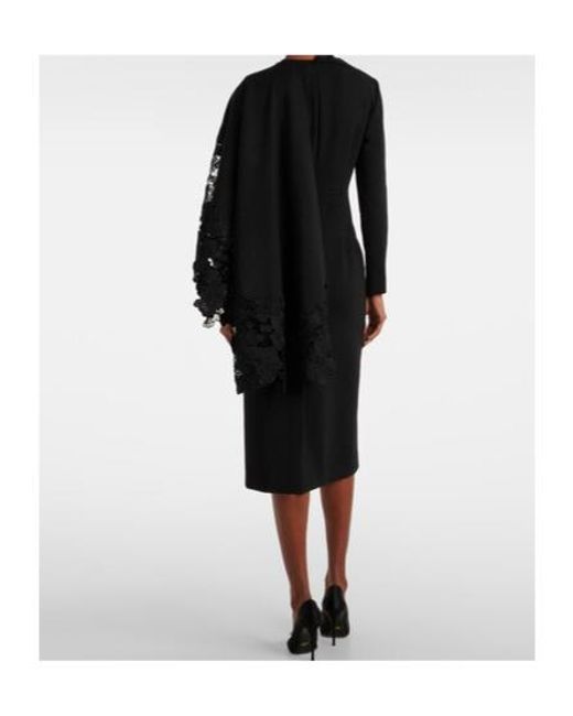 Oscar de la Renta Black Floral Guipure Wool Midi Dress