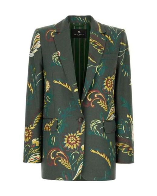 Etro Green Floral-Print Blazer