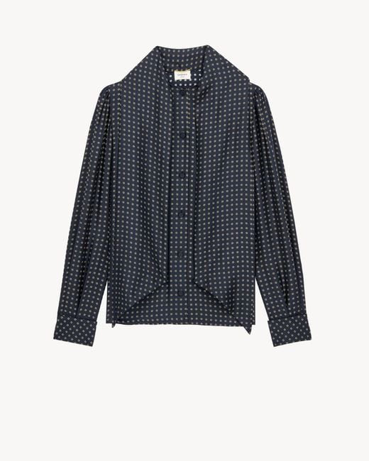 Saint Laurent Blue Checkered Mulberry Silk Crepe Satin Shirt With Floral Knot