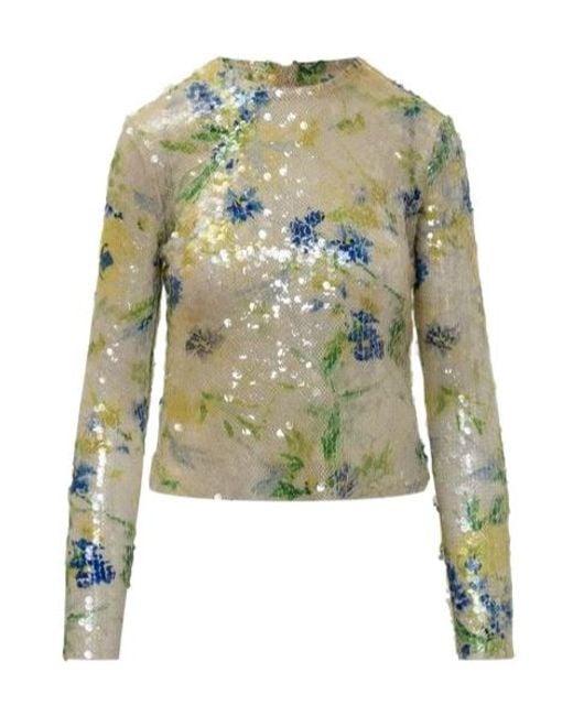 MSGM Green Sequin Floral Knit Top