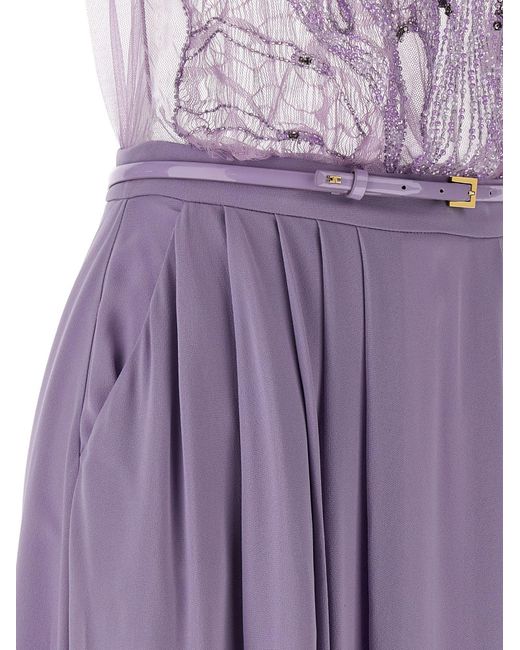 Elisabetta Franchi Purple Embellished Tulle Maxi Dress