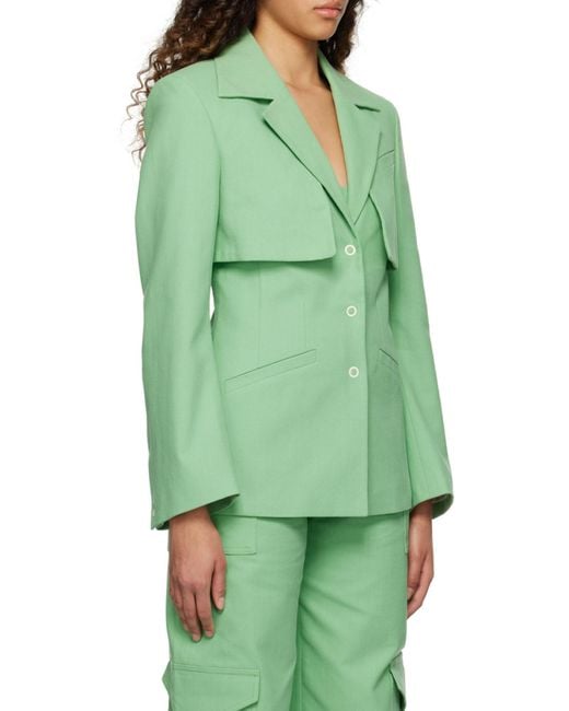 Ganni Green Single-Breasted Tailored Blazer