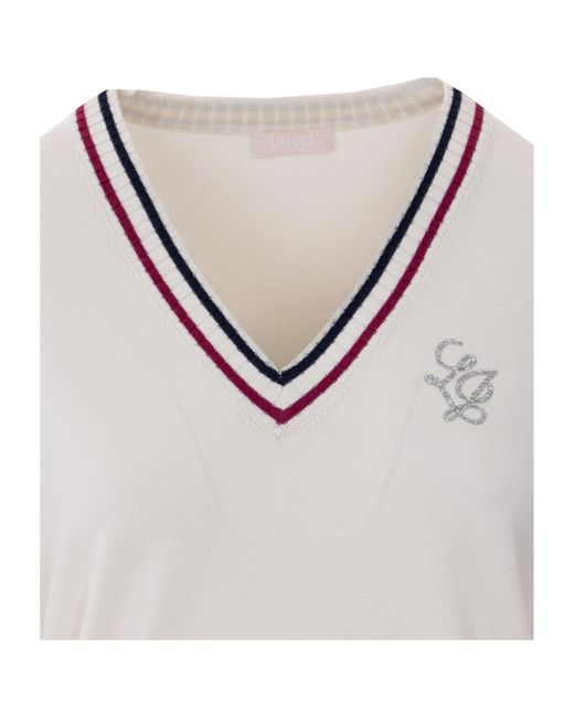 Liu Jo White Logo Embellished V-Neck Jumper