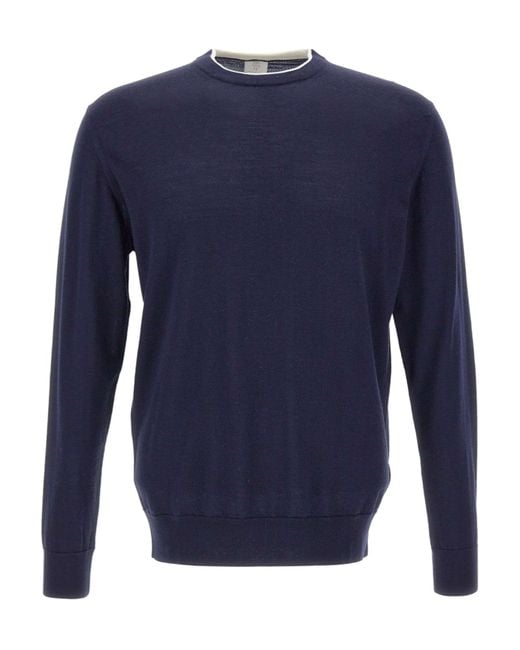 Eleventy Blue Long Sleeved Ribbed-Knit Crewneck Jumper for men
