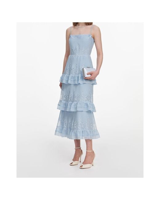 Self-Portrait Blue Lace-Trimmed Ruffled Midi Dress