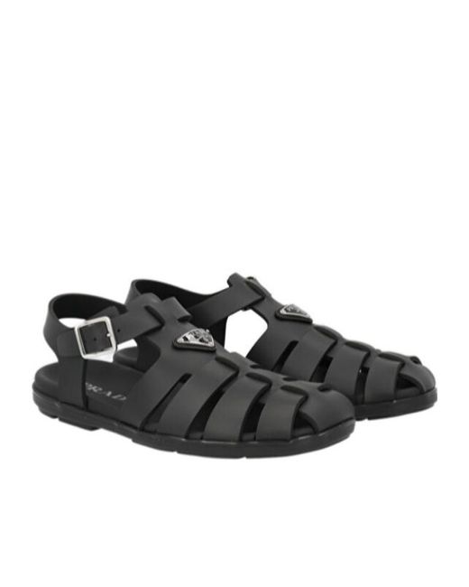 Prada Black Logo Plaque Round-Toe Sandals for men