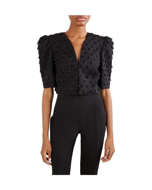 Carolina Herrera Black Cropped Crystal-Embellished Wool-Blend Jacket