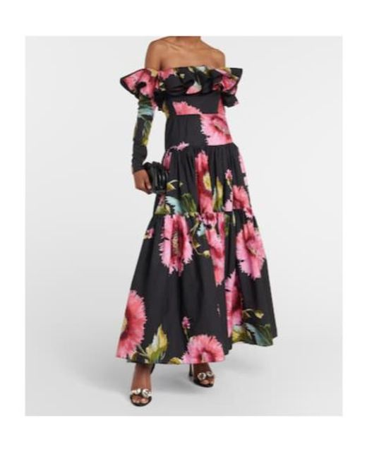 Giambattista Valli Red Off-Shoulder Floral Cotton Maxi Dress