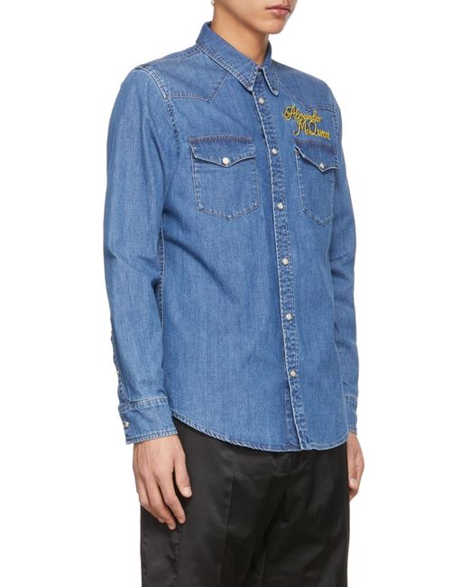 McQueen Blue Logo Detailed Denim Shirt for men
