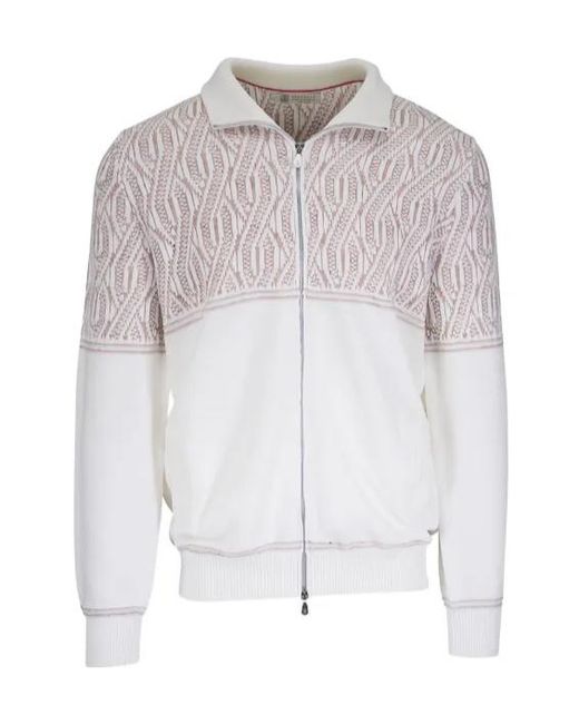 Brunello Cucinelli White Patterned Zip Sweatshirt for men