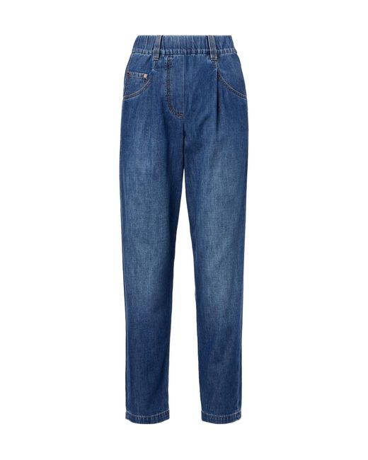 Brunello Cucinelli Blue Pleated Wide-Leg Jeans