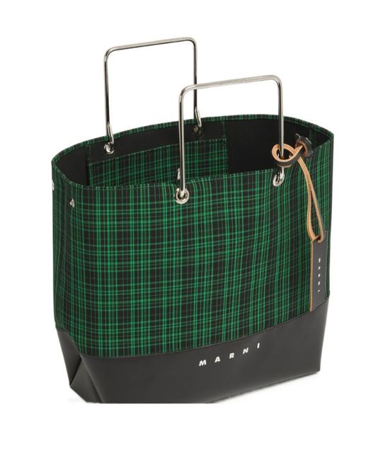 Marni Green Checked Twill Shopper Bag for men