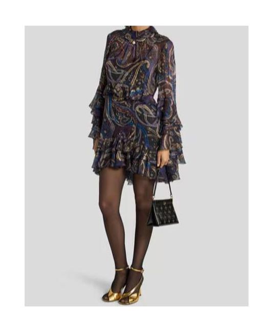 Etro Black Paisley Foliage Motif Ruffled Mini Dress