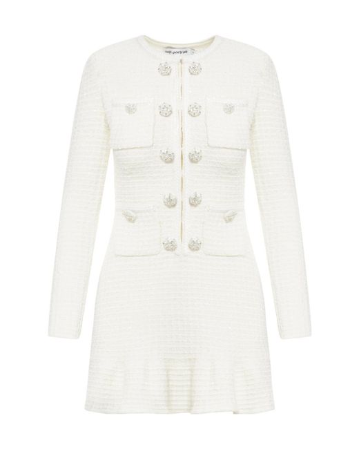 Self-Portrait White Knit Buttoned Mini Dress
