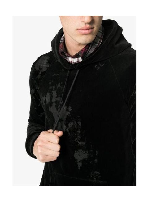 Saint Laurent Black Distressed Effect Drawstring Velvet Hoodie for men