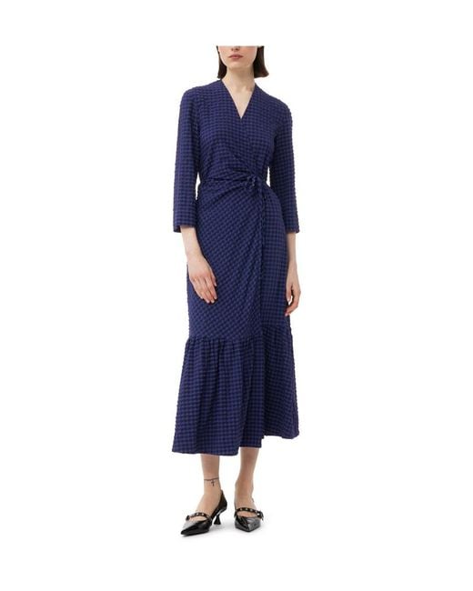 Ganni Blue Checkered Seersucker Gathered Midi Wrap Dress