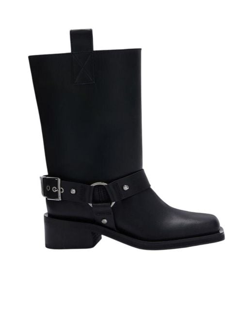Ganni Black Mid Shaft Biker Boots
