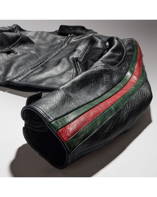 Gucci Black Leather Biker Jacket With Web