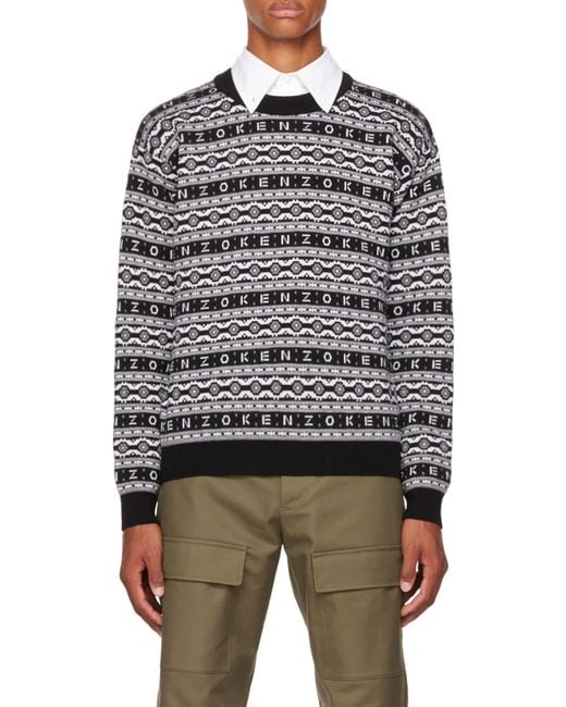 KENZO Gray Logo Jacquard Long-Sleeved Jumper for men