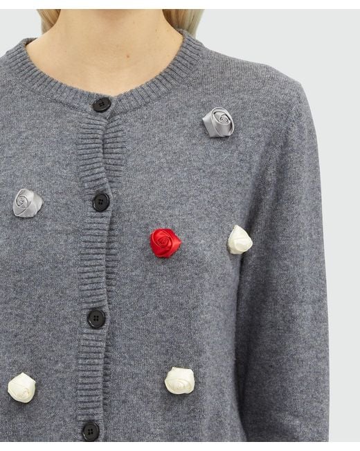 MSGM Gray Rose-Appliqué Knitted Cardigan