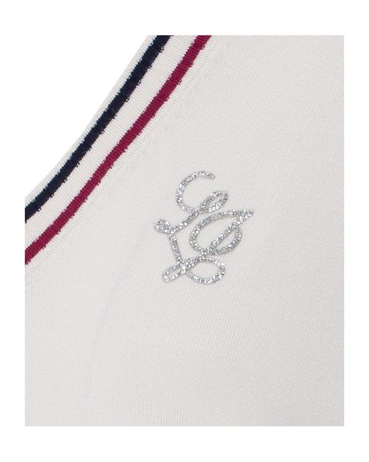 Liu Jo White Logo Embellished V-Neck Jumper