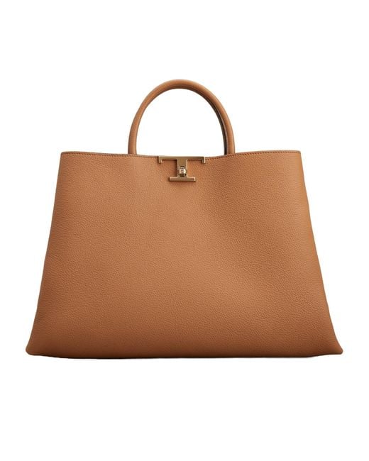Tod's Brown T Timeless Logo Plaque Medium Tote Bag