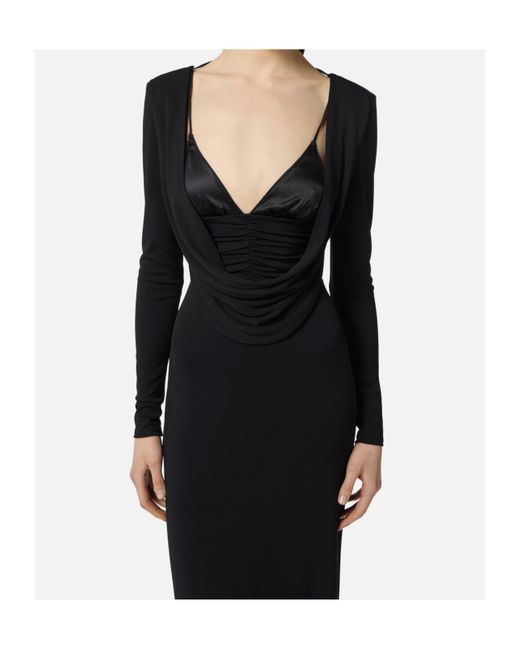 Elisabetta Franchi Black Draped Long-Sleeve Dress