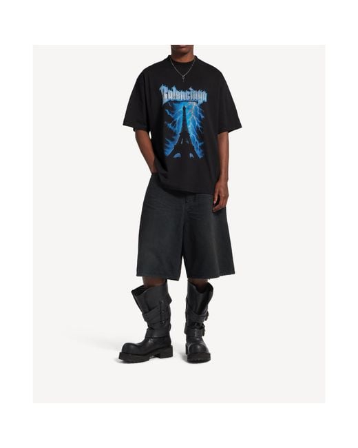 Balenciaga Black Cotton Paris Thunderstorm T-Shirt for men