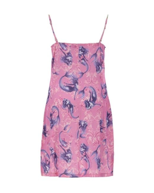 Versace Jeans Purple Couture Embellished-Strap Print Slip Dress
