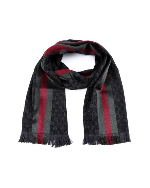Gucci Black Gg Jacquard Knit Scarf With Web And Fringe for men