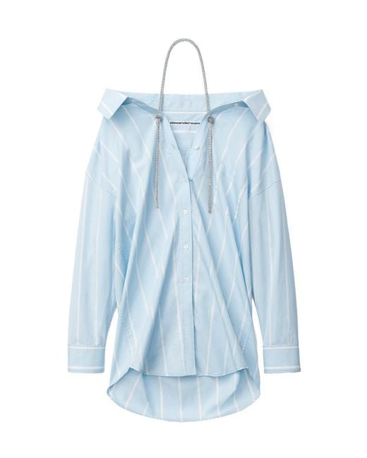Alexander Wang Blue Crystal-Embellished Striped Cotton Shirt
