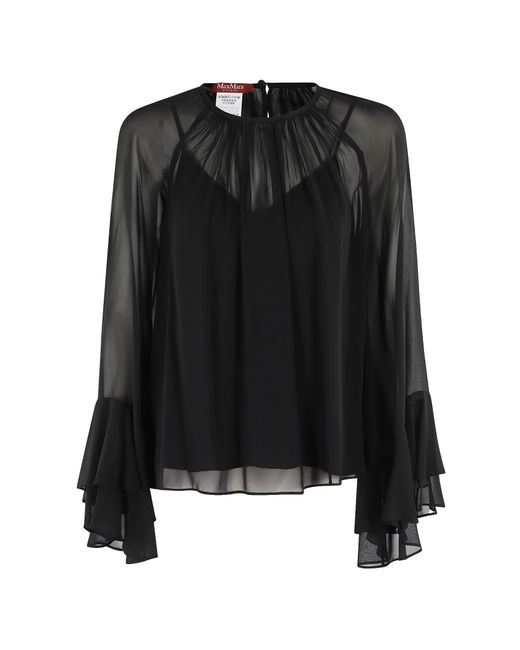 Max Mara Black Studio Ruffle Detailed Crewneck Top