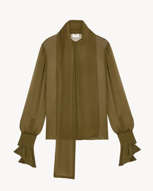 Saint Laurent Green Silk-Crepe Muslin Tie Shirt
