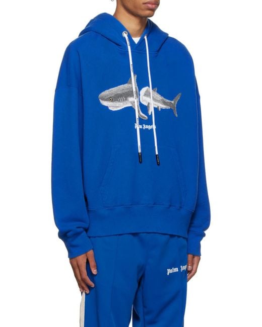 Palm Angels Blue Shark Logo Drawstring Hoodie for men