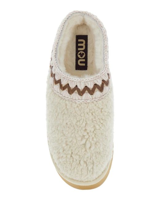 Mou White Braided Faux Fur Platform Flat Mules