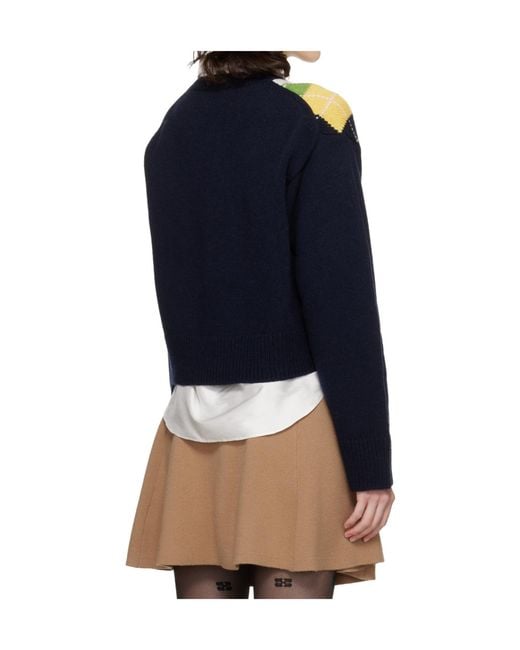 Ganni Blue Wool Blend Diamond Pattern Knit Sweater