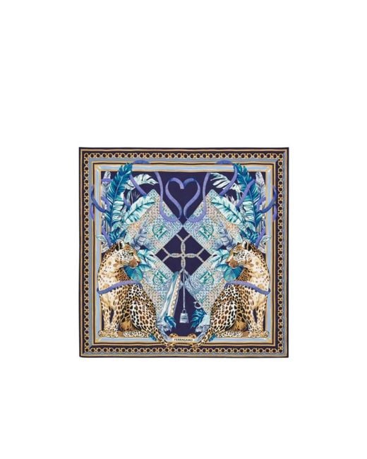 Ferragamo Blue Poised Leopards Print Silk Scarf